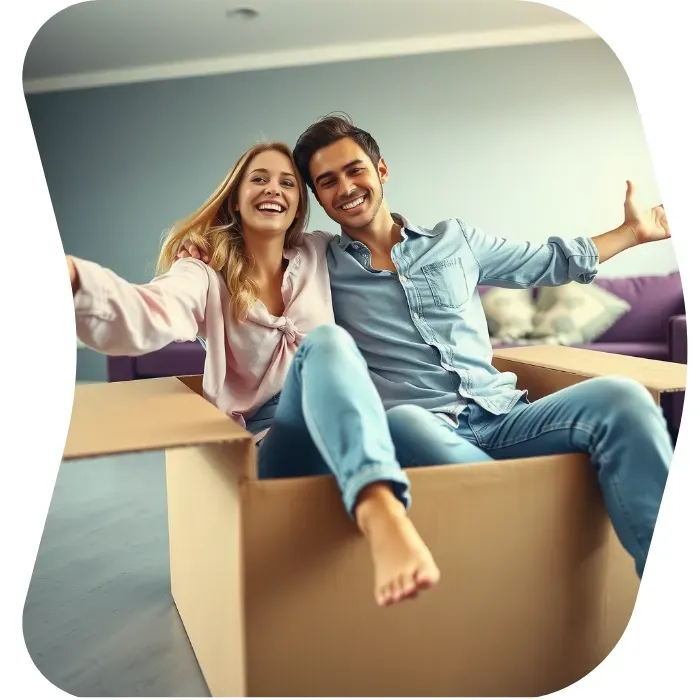 Two guys sitting on the floor of their apartment with Muval moving boxes